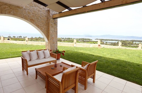 Pefkochori Villa | Pefkochori villa with a stunning panoramic view and a waterfall private pool.