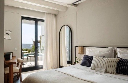 Drafaki Hotel | Private Pool Suite w/Warm Interiors & Spectacular Sunset Views of Mykonos