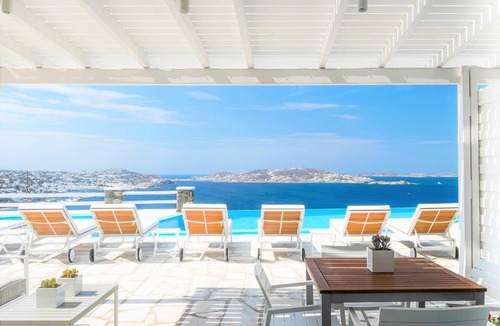 Tourlos House | Rose Studio Two with shared pool and sea view