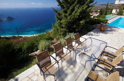 Paliki Apartment | Top floor Luxury apartment for 4 with pool above Petani Beach Kefalonia