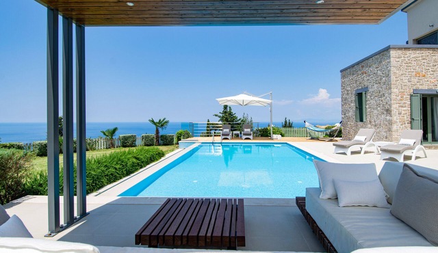 Private, not overlooked villa with pool and 270 degree panoramic sea views