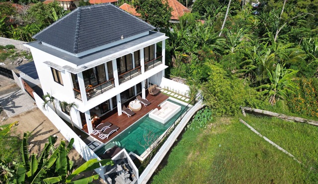 Villa 4BDR rice field view south of Ubud. Swimming pool + outdoor bath.