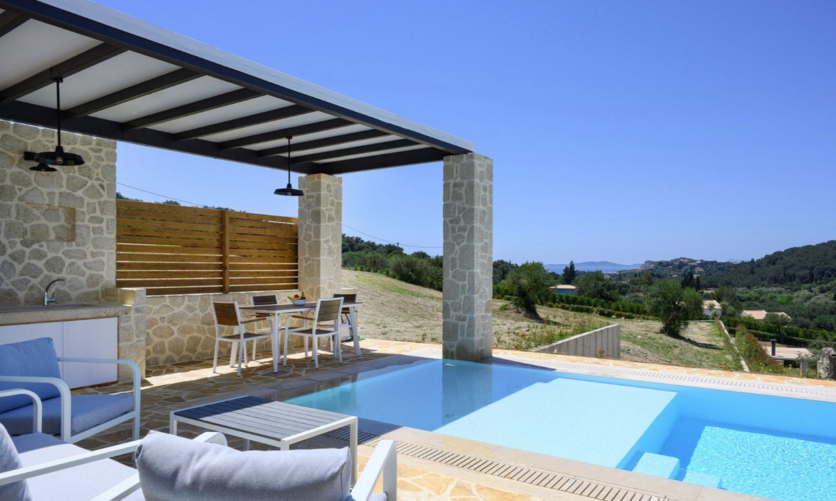 Kavvadades Villa | Lavish Corfu Villa | Villa Elysian View | 1 Bedroom | Spacious Furnished Terrace with Shaded Outdoor Dining Area | Private Garden, Pool and Hot Tub | Prime Location | Arillas, Mega Lithari